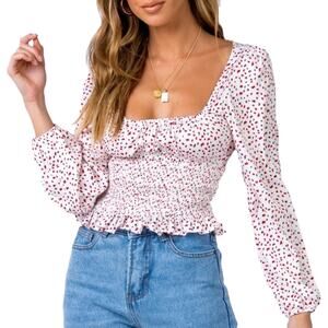 Princess Polly Sz 4 Long Sleeve Top Melvin Printed Smocked NWT White Red Pink